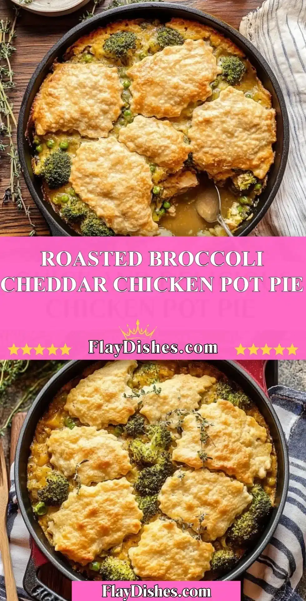 Roasted Broccoli Cheddar Chicken Pot Pie fresh from the oven, garnished and ready to serve.