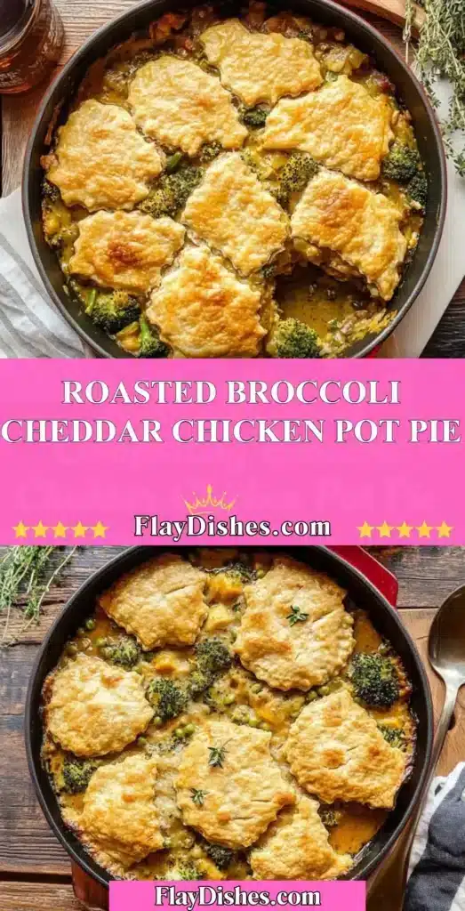 Delicious roasted broccoli cheddar chicken pot pie served in a bowl