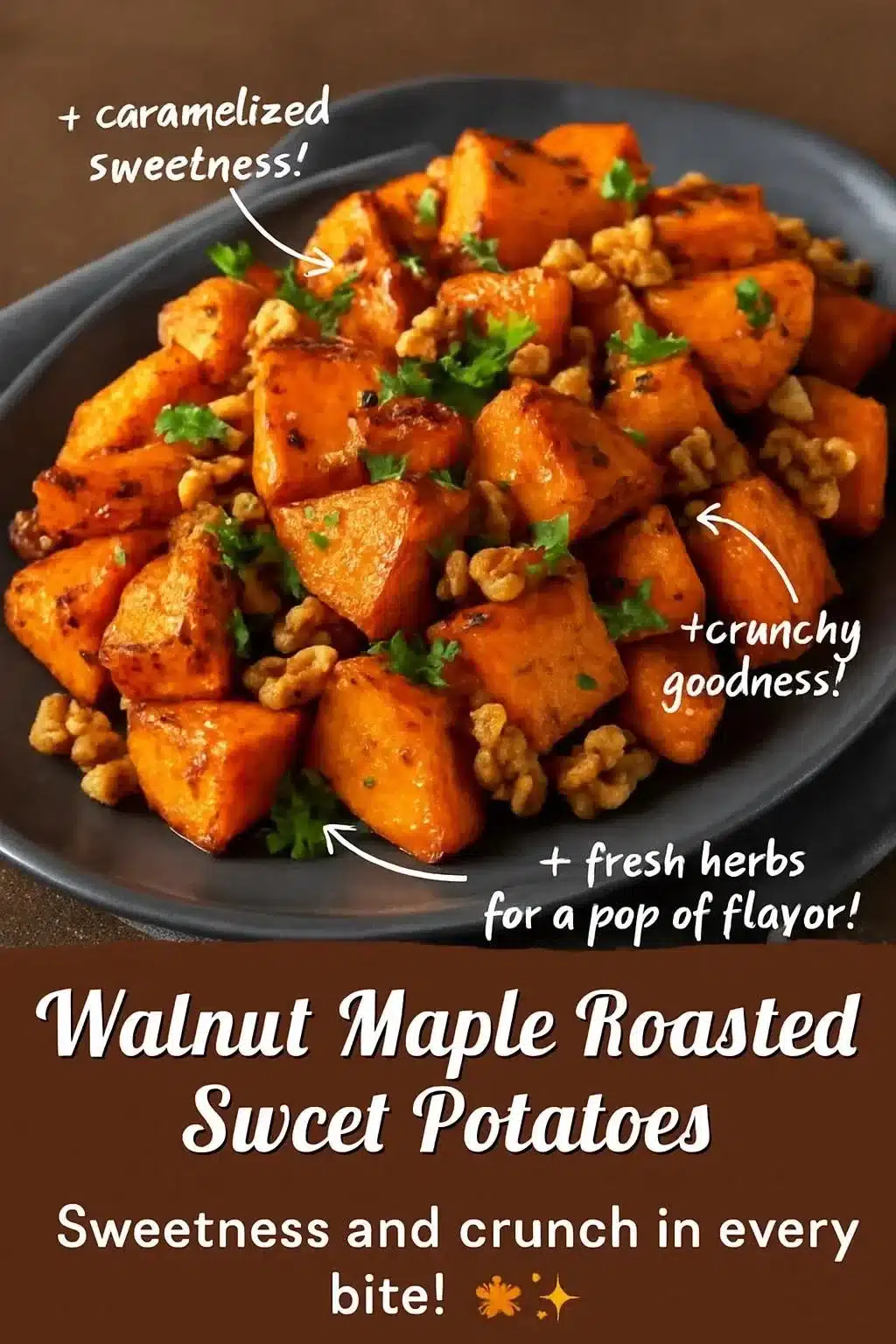 Roasted maple sweet potatoes with walnuts served in a bowl