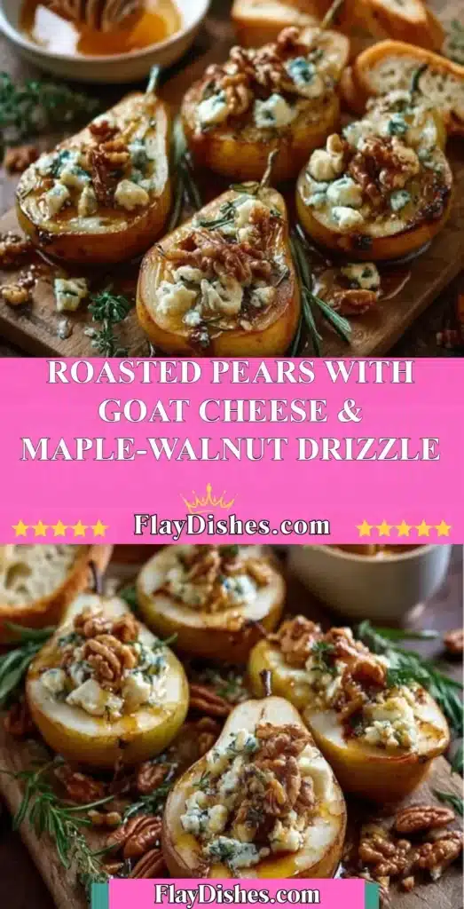 Roasted pears topped with goat cheese and maple-walnut drizzle