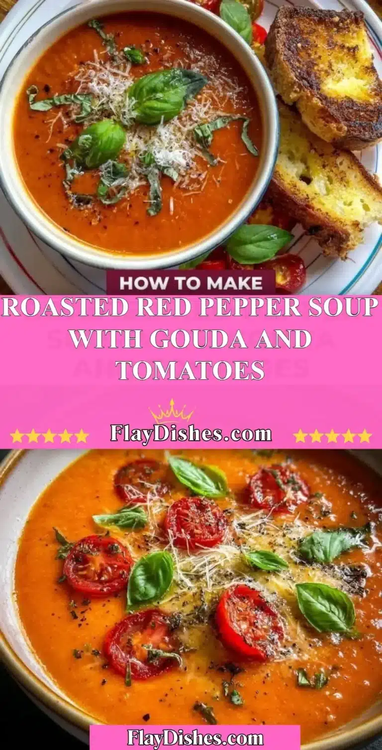 Bowl of roasted red pepper soup topped with gouda and fresh tomatoes