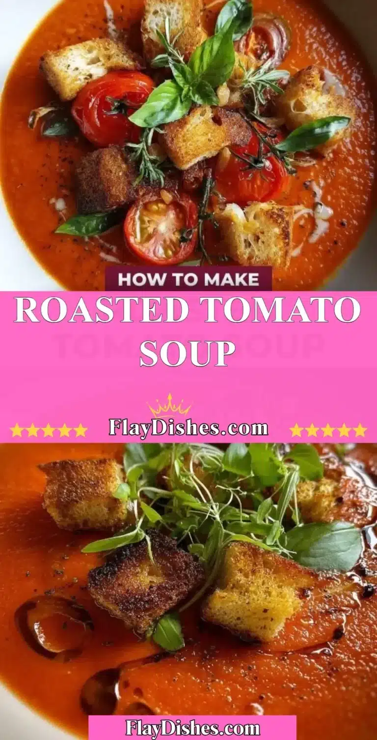 Bowl of creamy roasted tomato soup garnished with fresh basil.