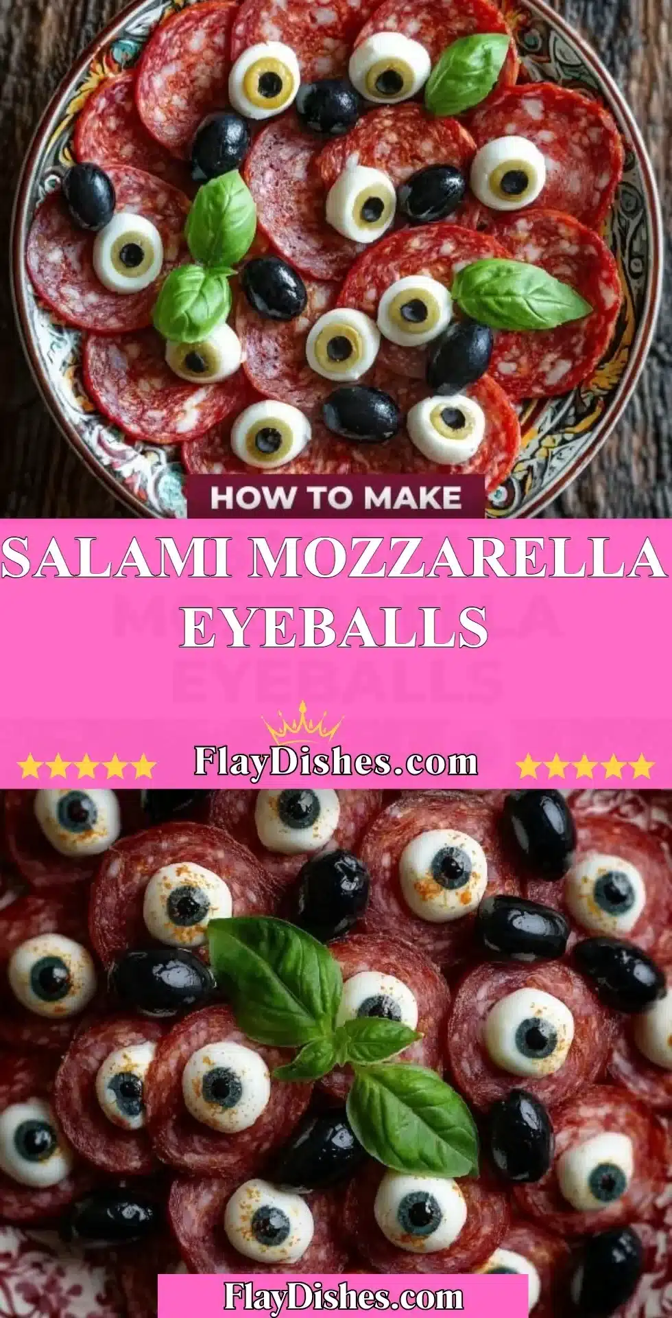 Savory salami mozzarella eyeballs appetizer on a platter