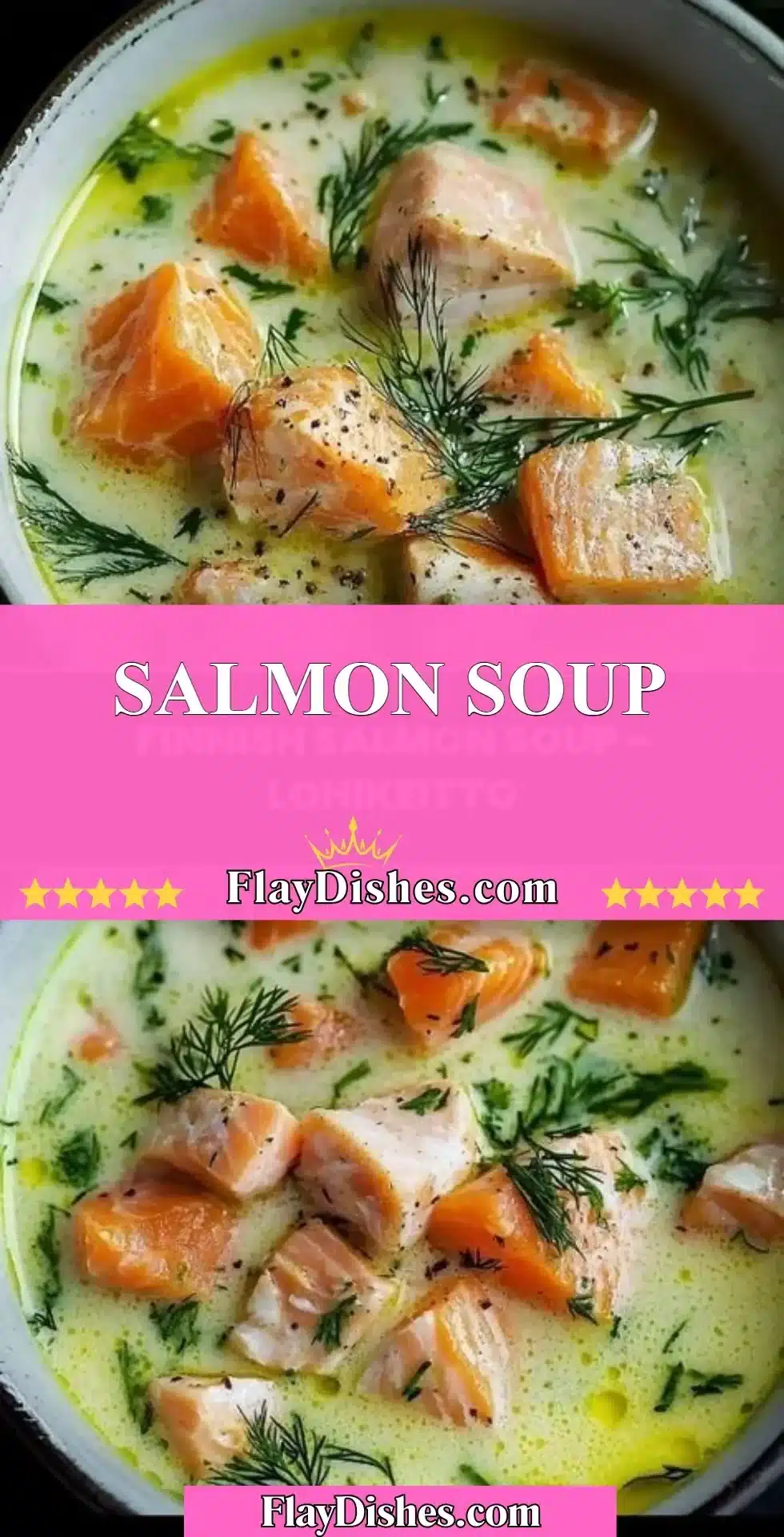 Delicious bowl of homemade salmon soup with fresh ingredients.