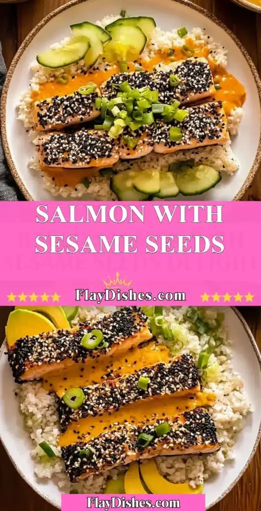 Delicious salmon fillet topped with sesame seeds, garnished with green onions.