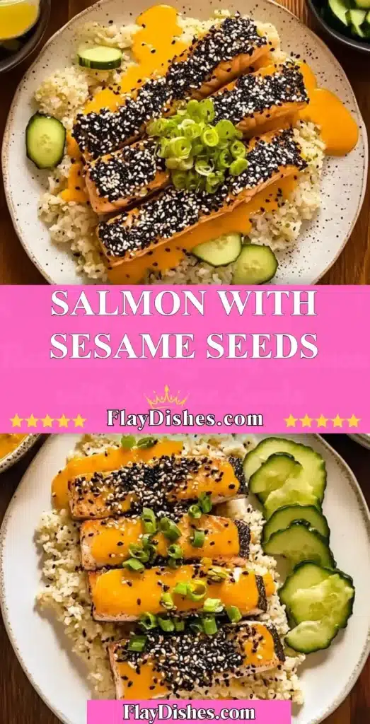 Plate of salmon topped with sesame seeds, served with vegetables and garnished.