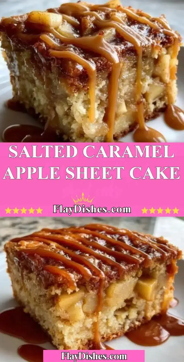 Delicious salted caramel apple sheet cake topped with caramel drizzle.