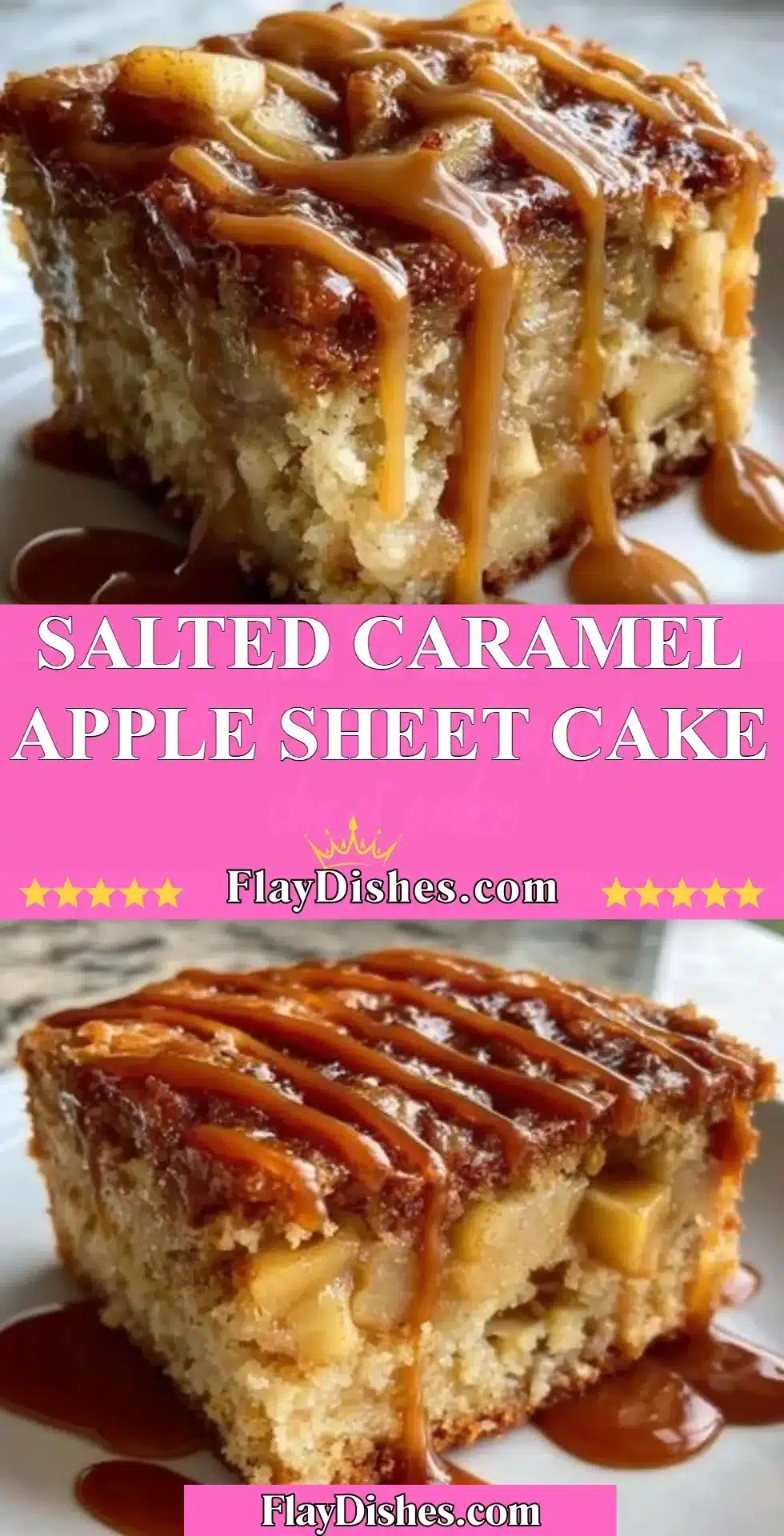 Delicious salted caramel apple sheet cake topped with caramel drizzle.