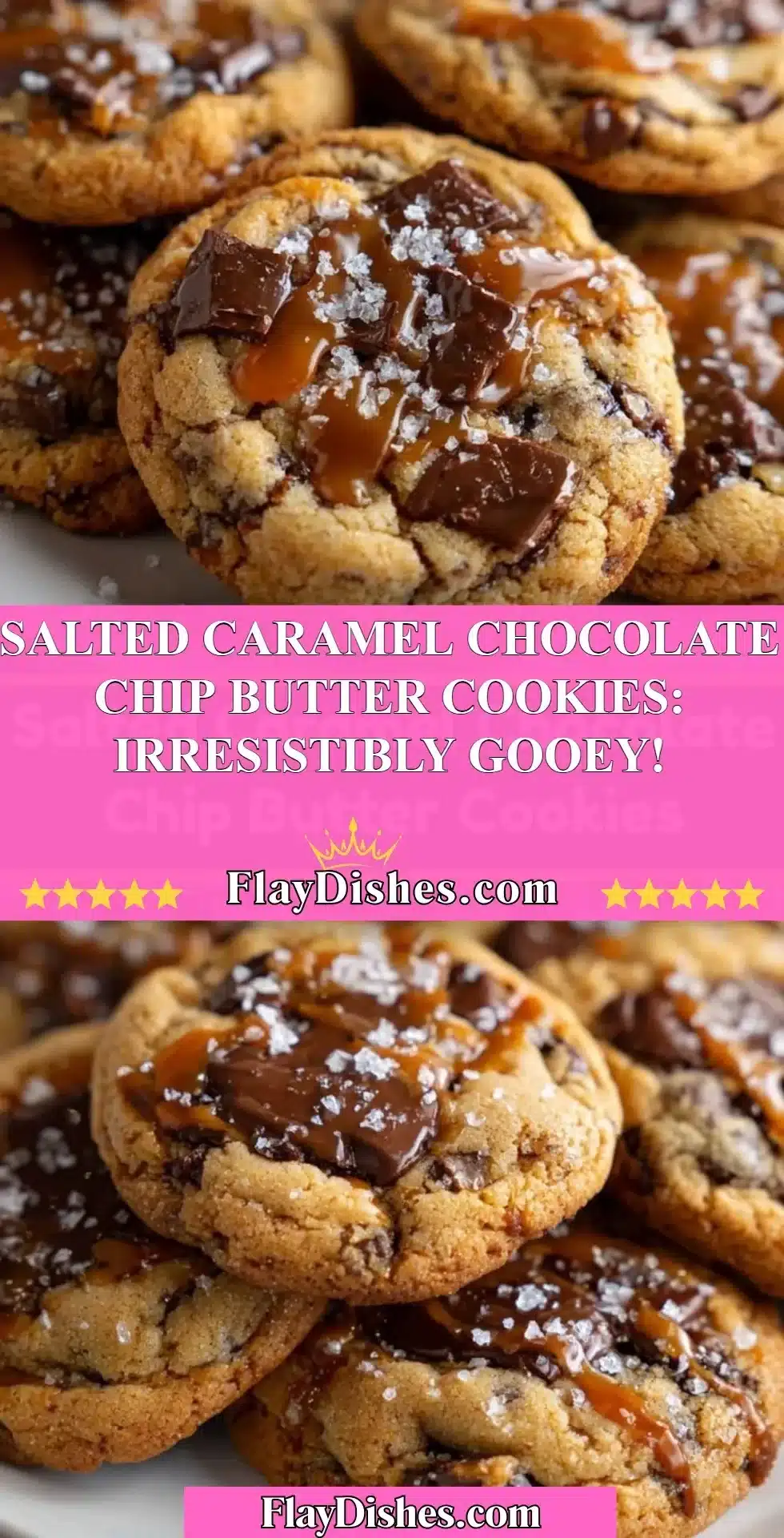 Delicious salted caramel chocolate chip butter cookies on a plate.