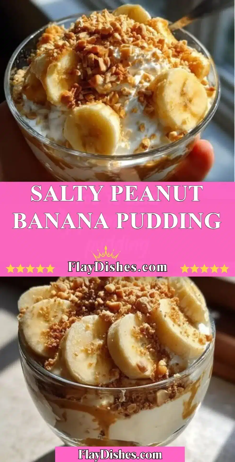 Salty Peanut Banana Pudding dessert served in a bowl with bananas and peanuts