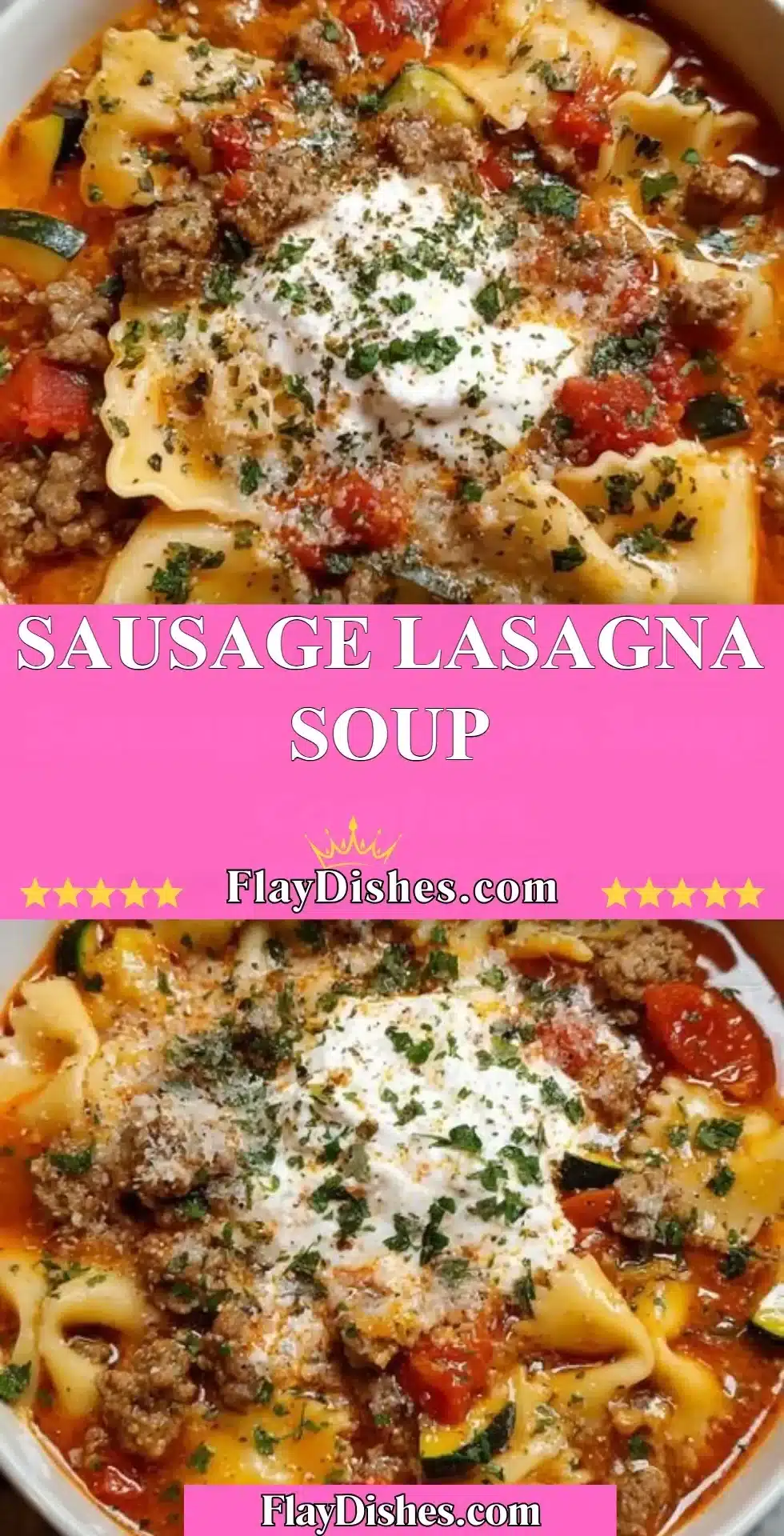 Bowl of Sausage Lasagna Soup with melted cheese and herbs, garnished elegantly.