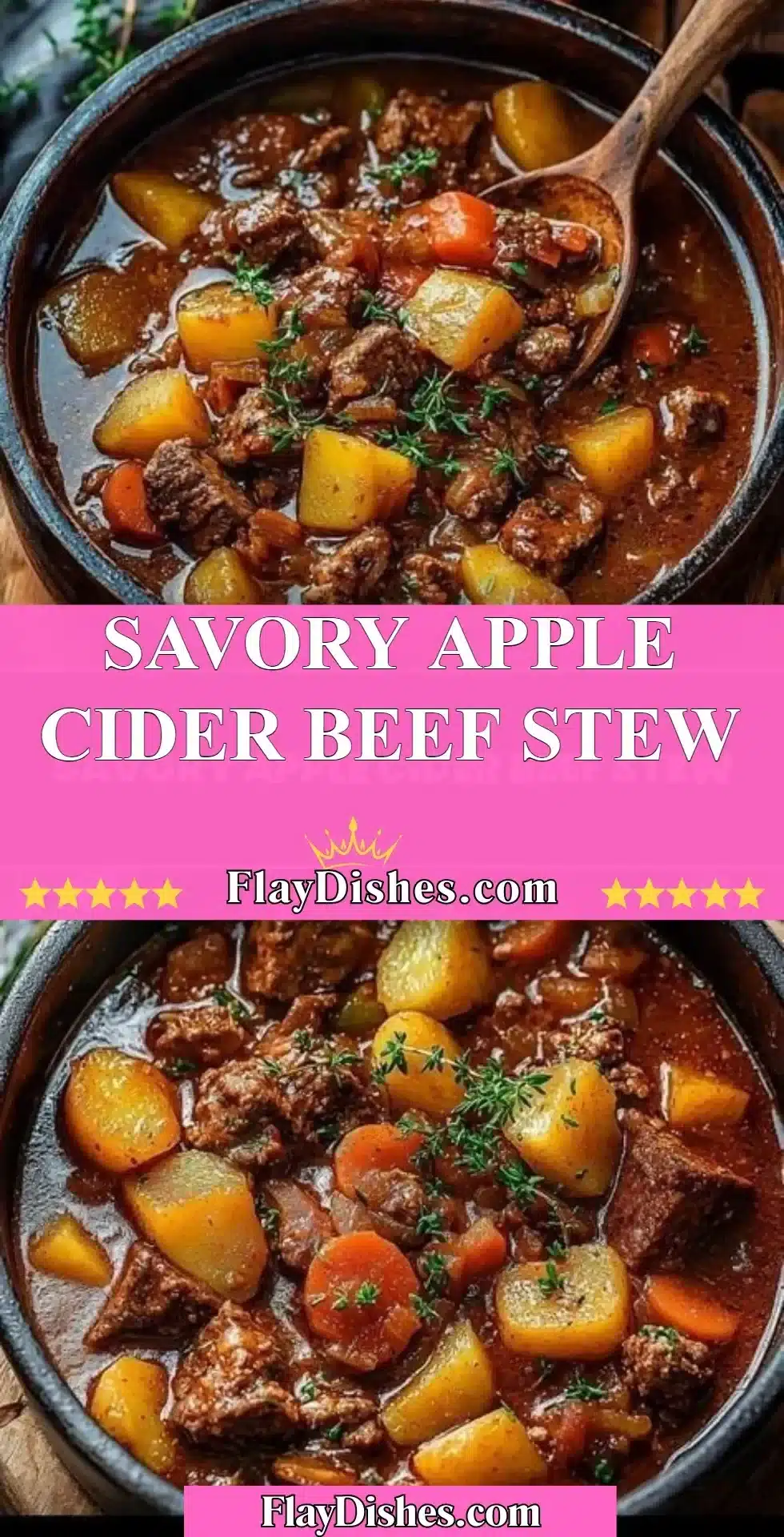 Bowl of savory apple cider beef stew garnished with herbs and vegetables