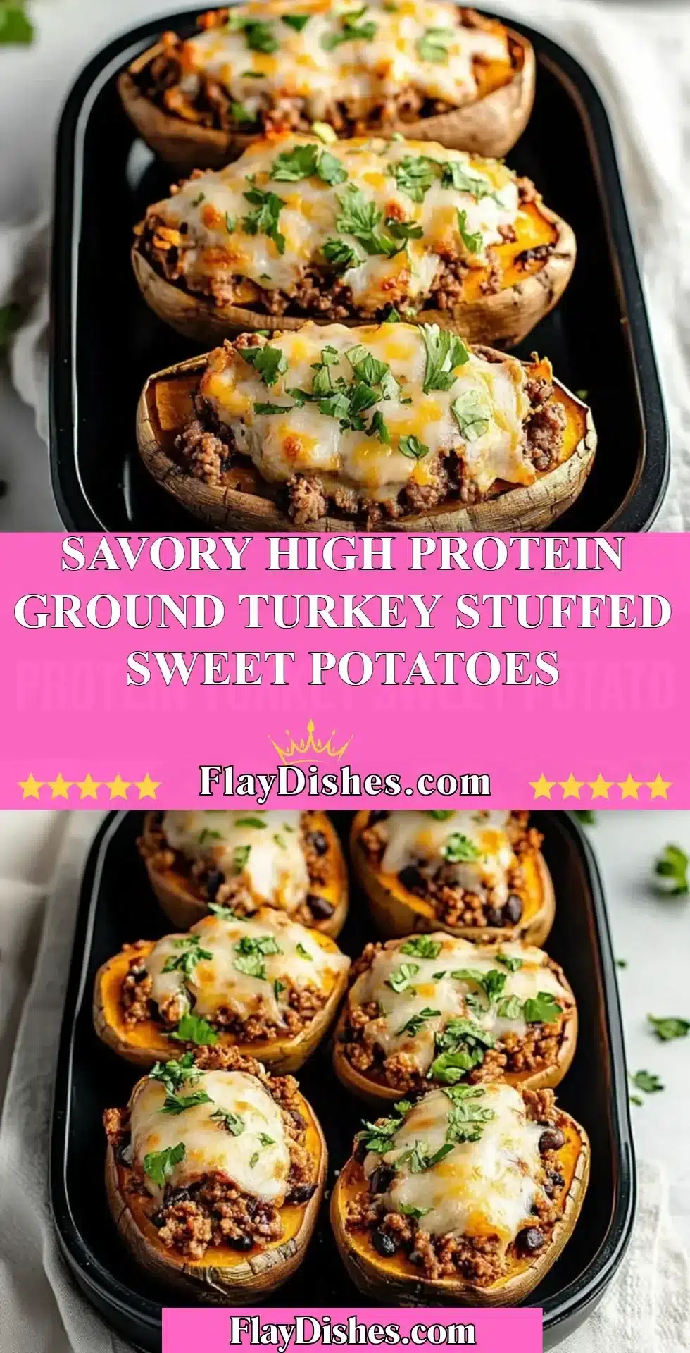 High protein ground turkey stuffed sweet potatoes with toppings