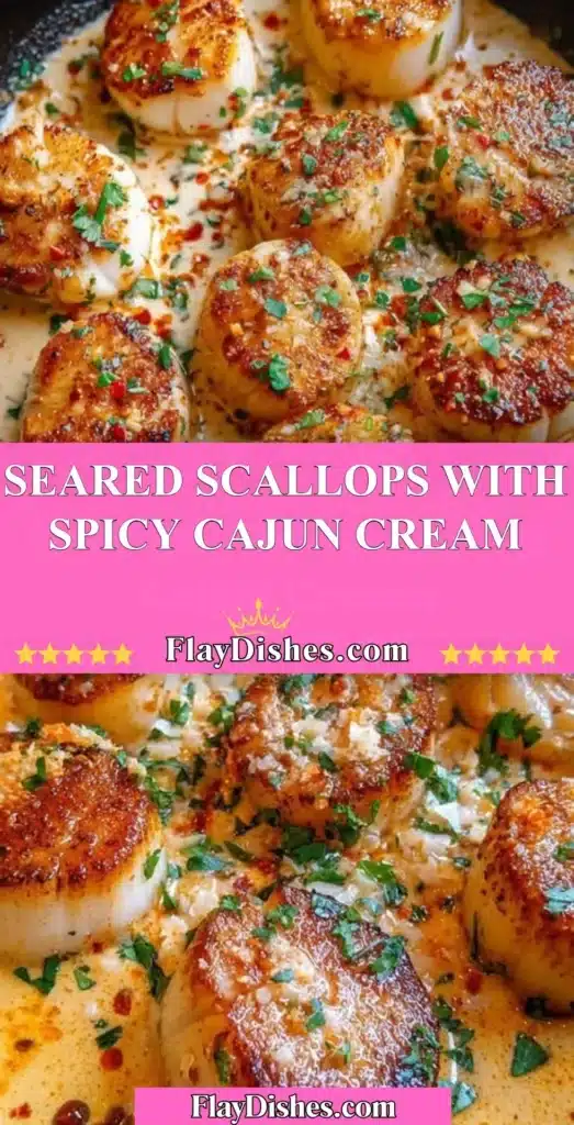Seared scallops served with spicy Cajun cream sauce on a plate