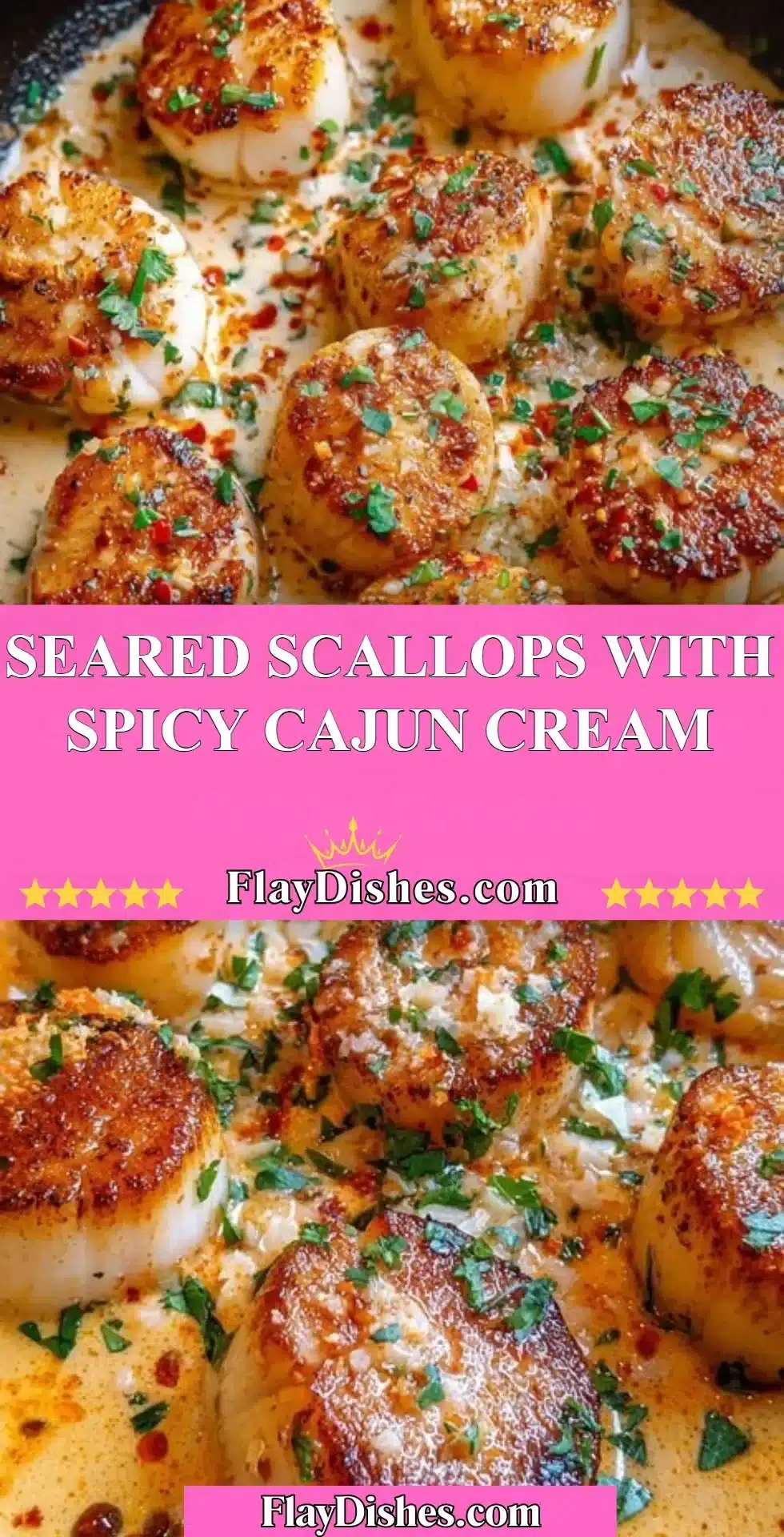 Seared scallops served with spicy Cajun cream sauce on a plate