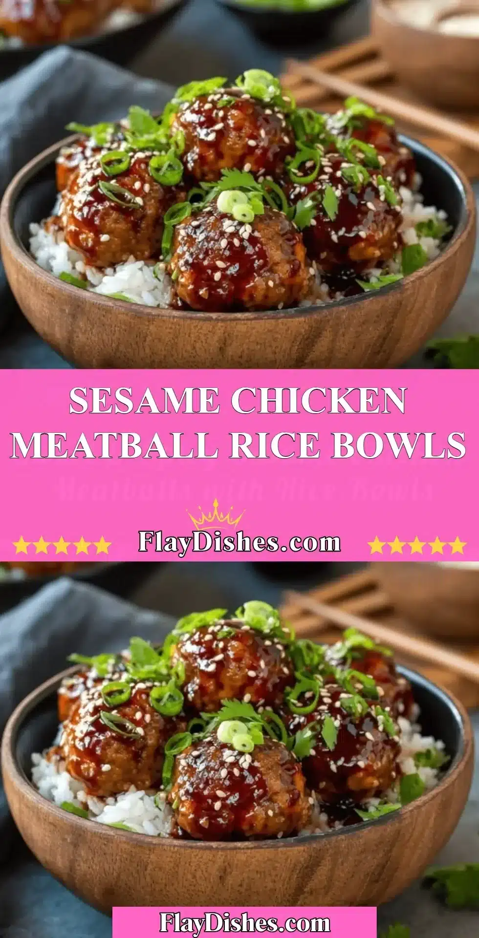 Delicious sesame chicken meatballs served in a rice bowl with vegetables
