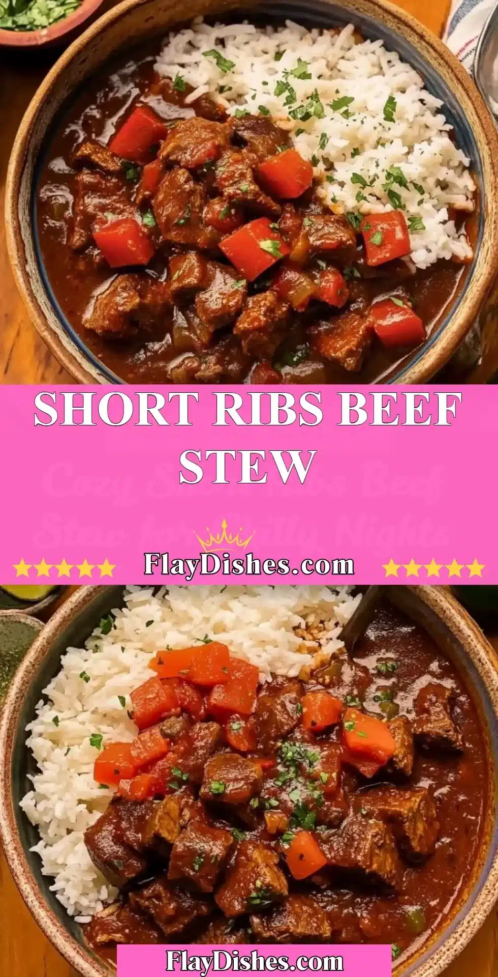 Delicious short ribs beef stew in a rustic bowl garnished with herbs.