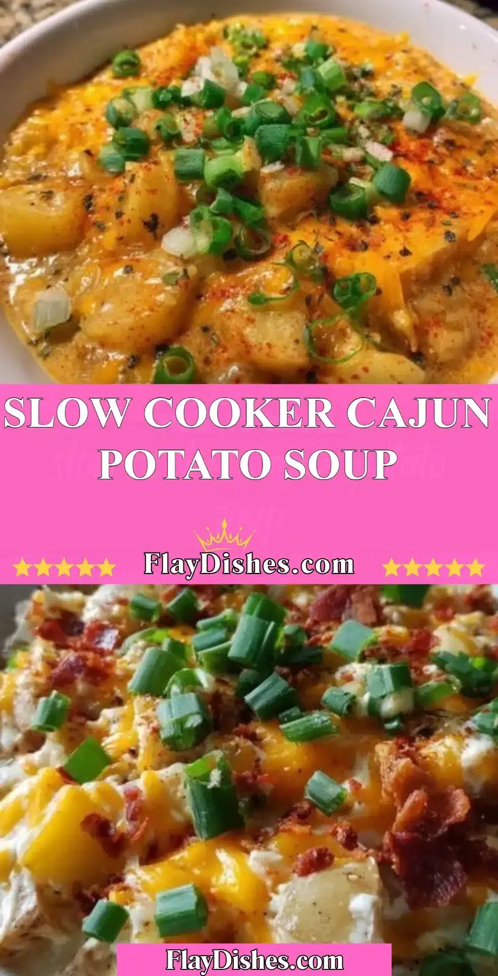 Bowl of Slow Cooker Cajun Potato Soup garnished with herbs and spices.