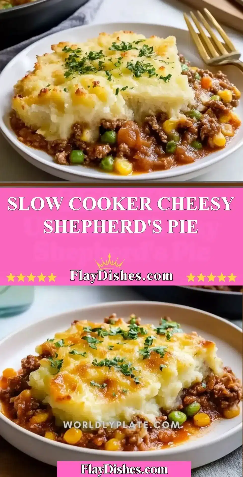 Slow Cooker Cheesy Shepherd's Pie served with mashed potatoes and melted cheese