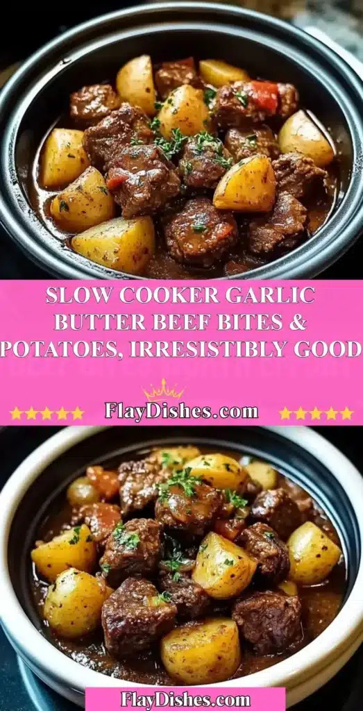 Slow cooker garlic butter beef bites with potatoes served in a bowl
