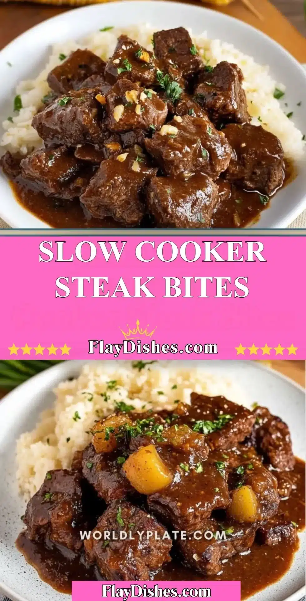 Tender slow cooker steak bites served on a plate with fresh herbs