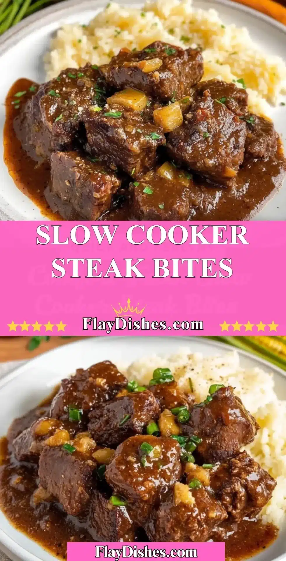 Slow Cooker Steak Bites served in a dish with herbs and spices