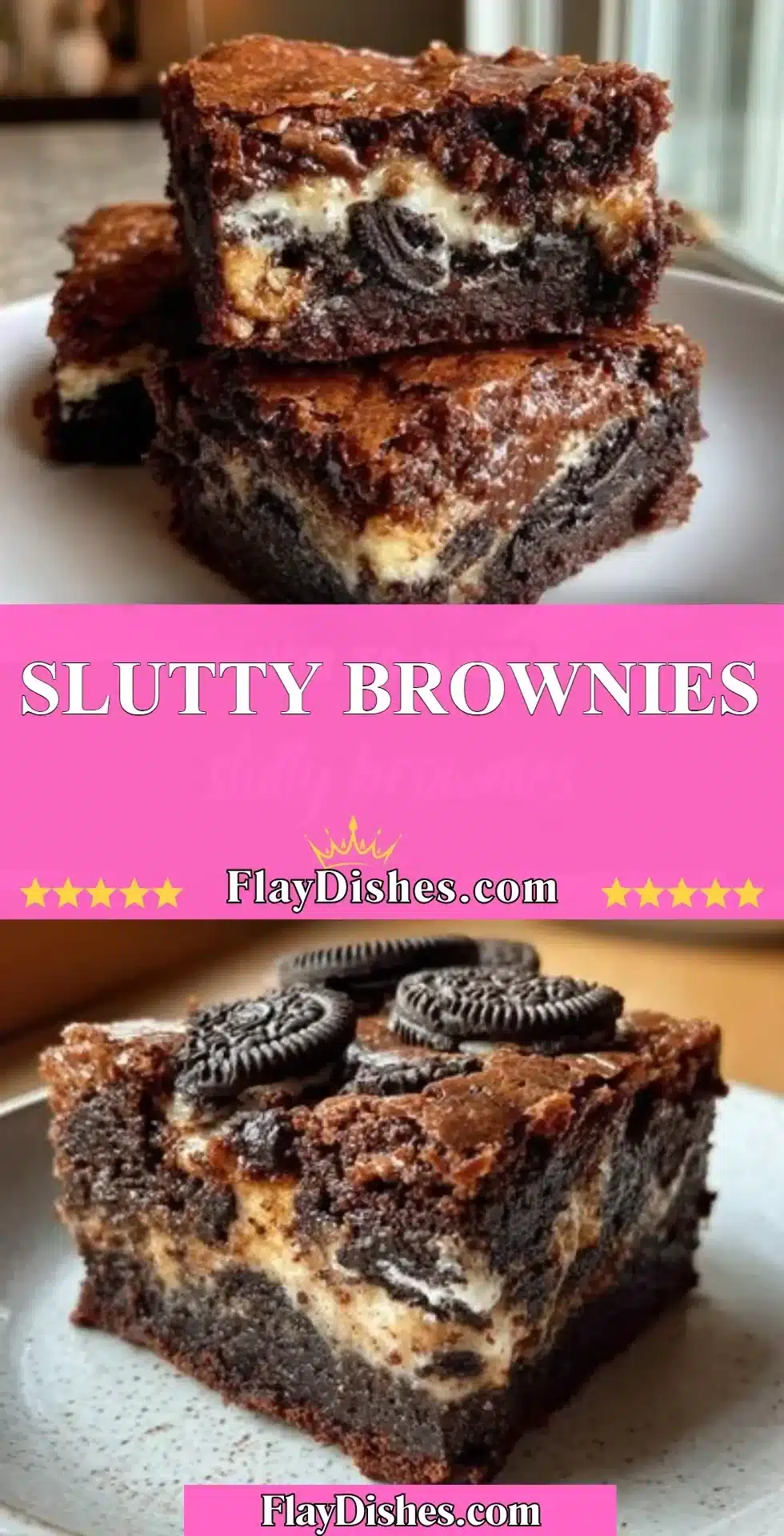 Decadent slutty brownies with layers of cookie dough and Oreos