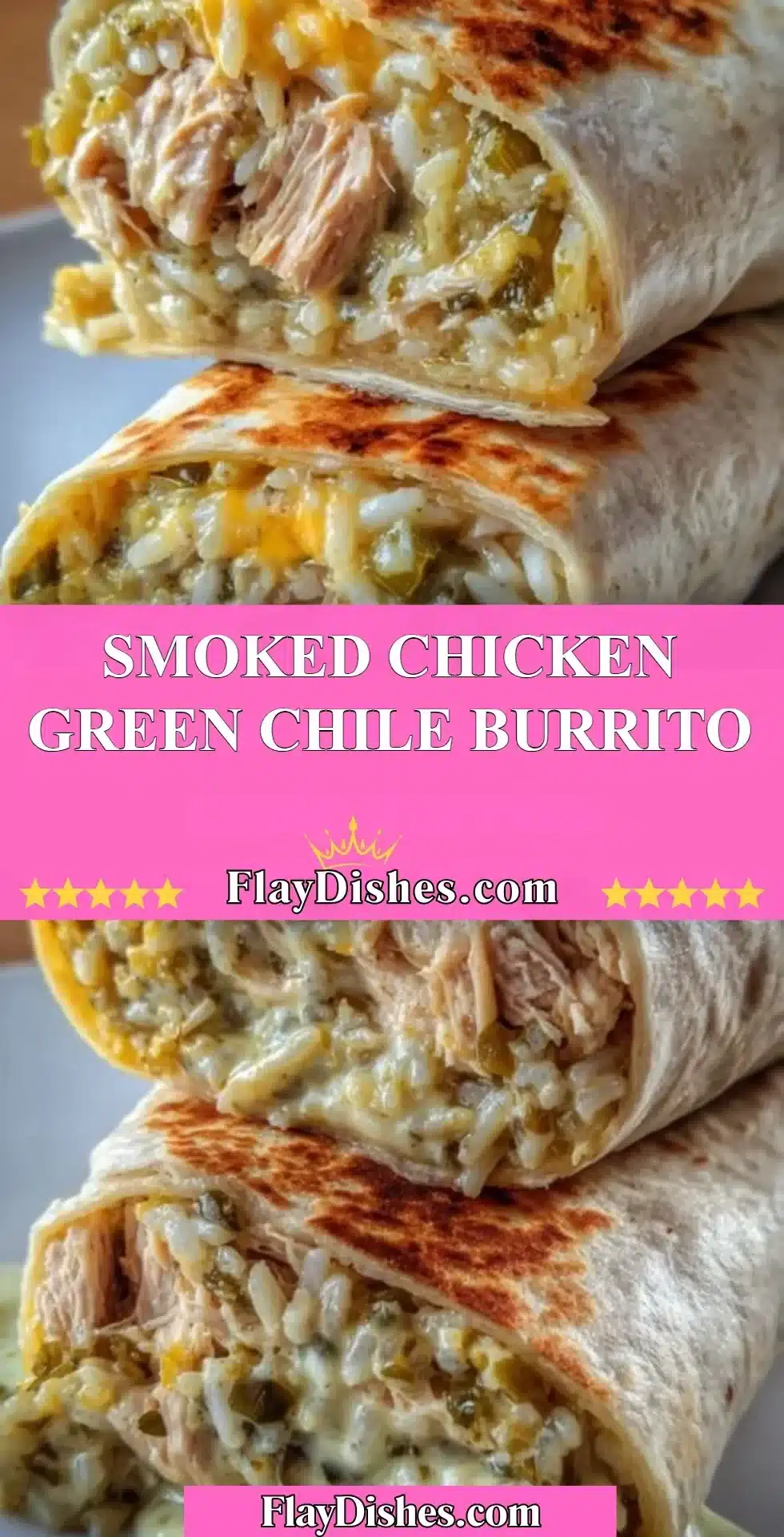 Delicious smoked chicken green chile burrito with vibrant toppings.