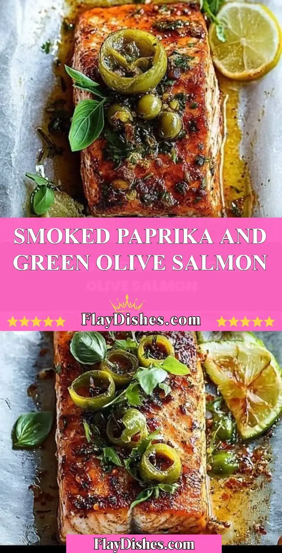 Smoked Paprika and Green Olive Salmon on a plate garnished with herbs