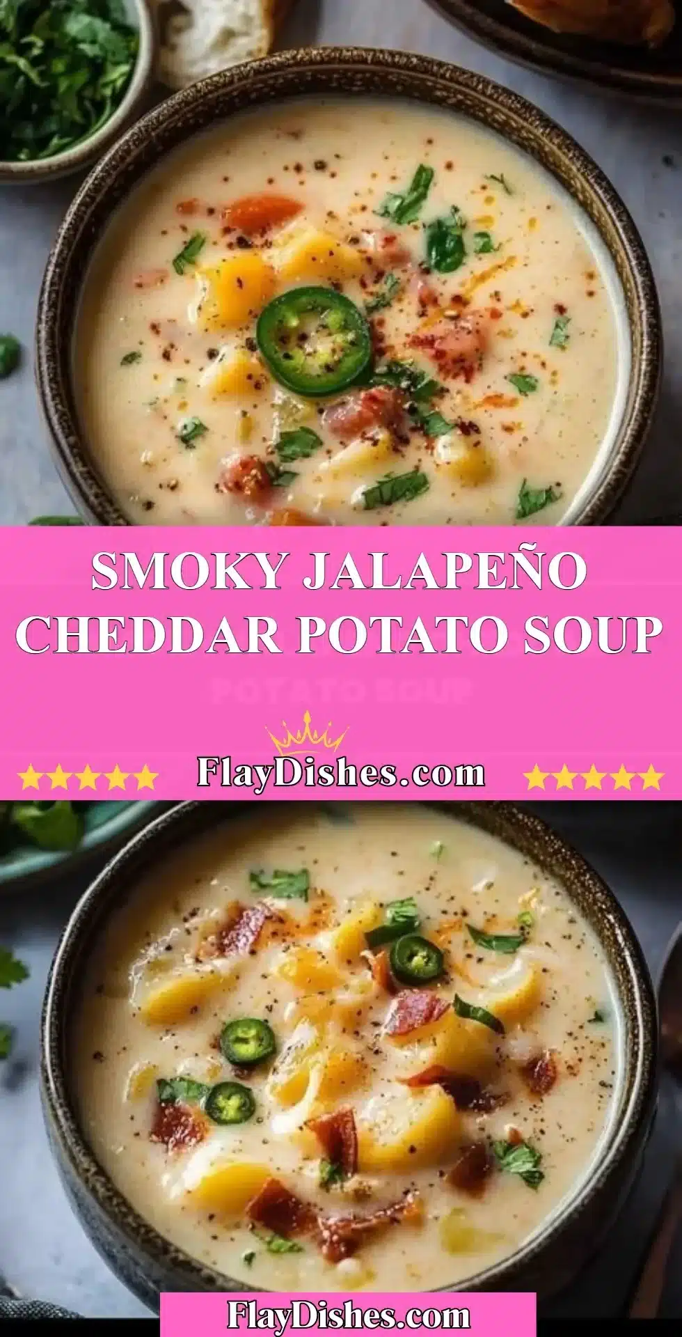 Bowl of smoky jalapeño cheddar potato soup topped with fresh herbs