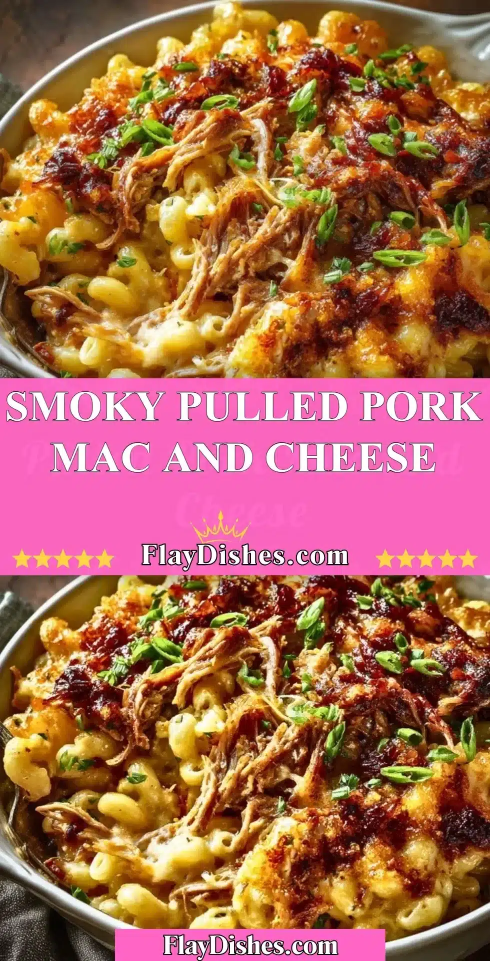 Bowl of smoky pulled pork mac and cheese garnished with herbs and spices