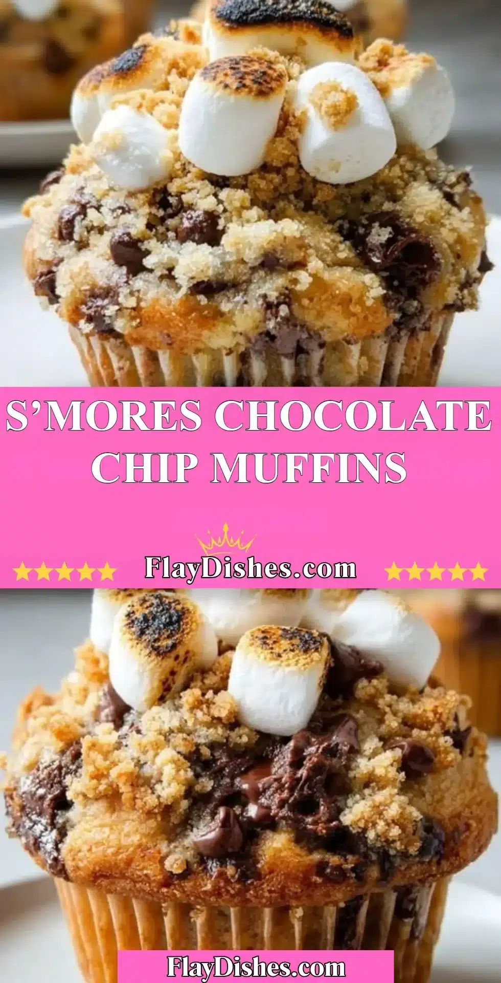 Delicious S'mores chocolate chip muffins with melted marshmallows and chocolate