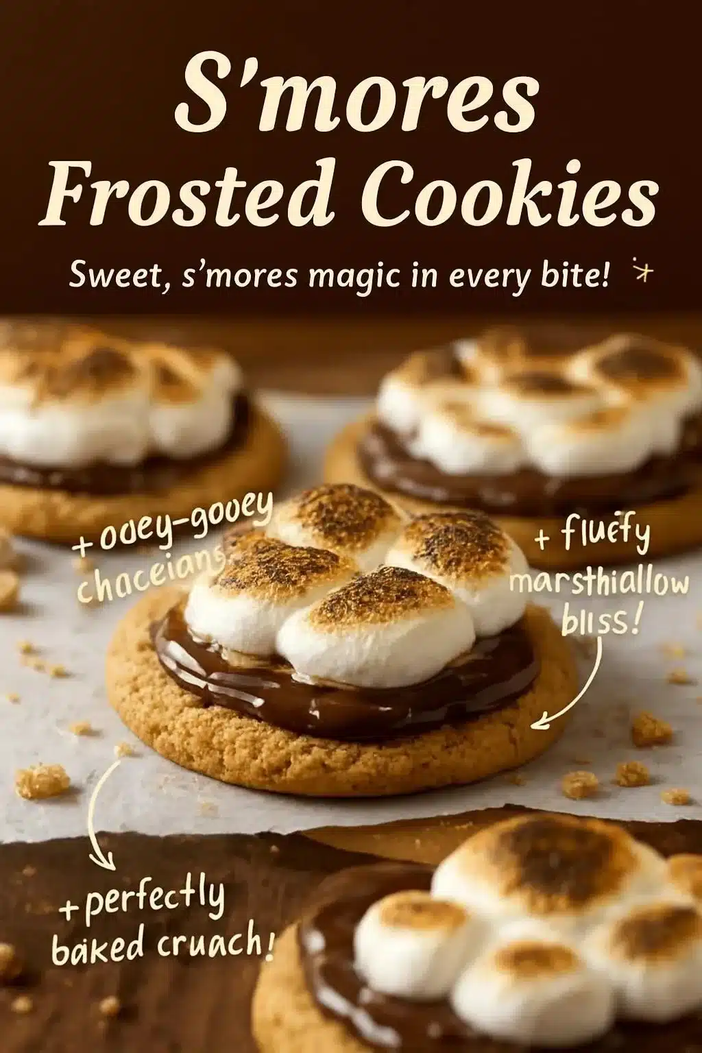 Delicious S'mores frosted cookies topped with chocolate and graham cracker crumbs.