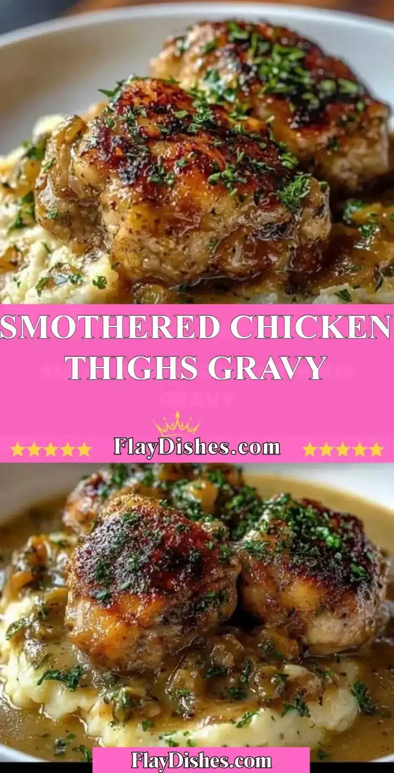 Delicious smothered chicken thighs topped with rich gravy on a plate.
