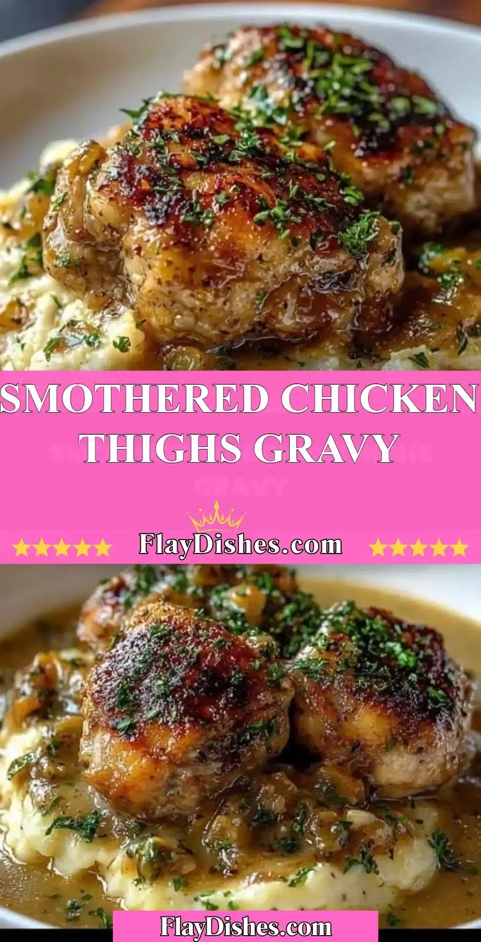 Delicious smothered chicken thighs topped with rich gravy on a plate.