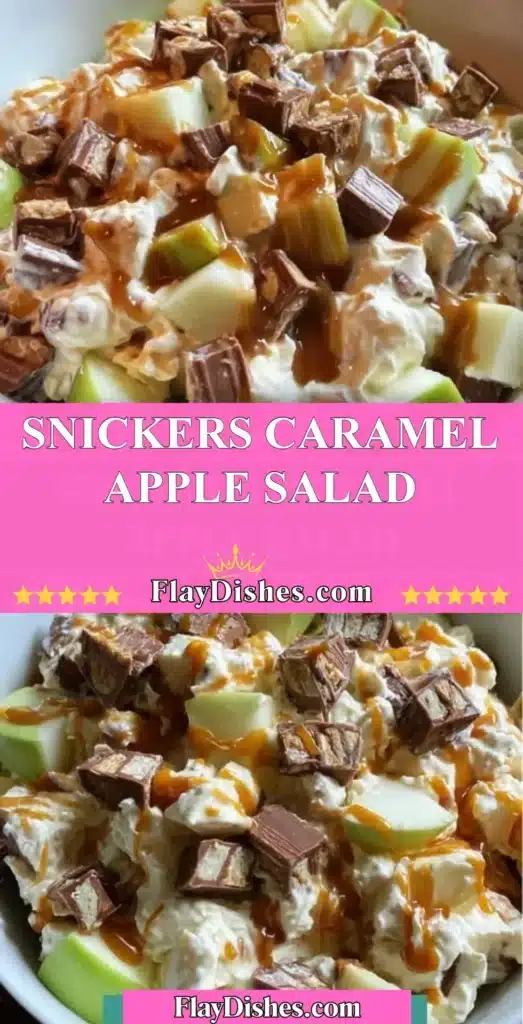 Delicious Snickers Caramel Apple Salad with apples, caramel, and Snickers candy.