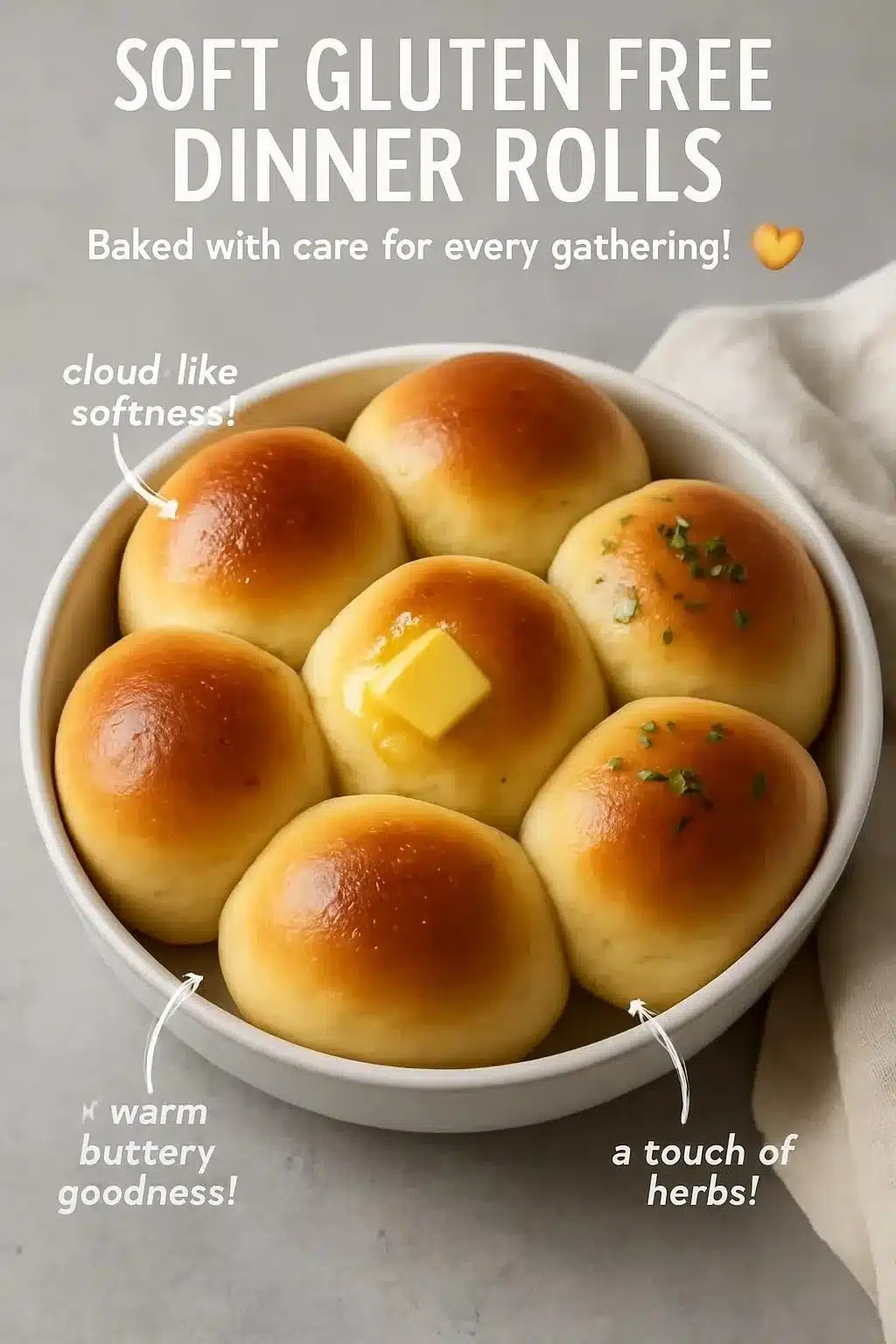Freshly baked soft gluten free dinner rolls on a wooden table.