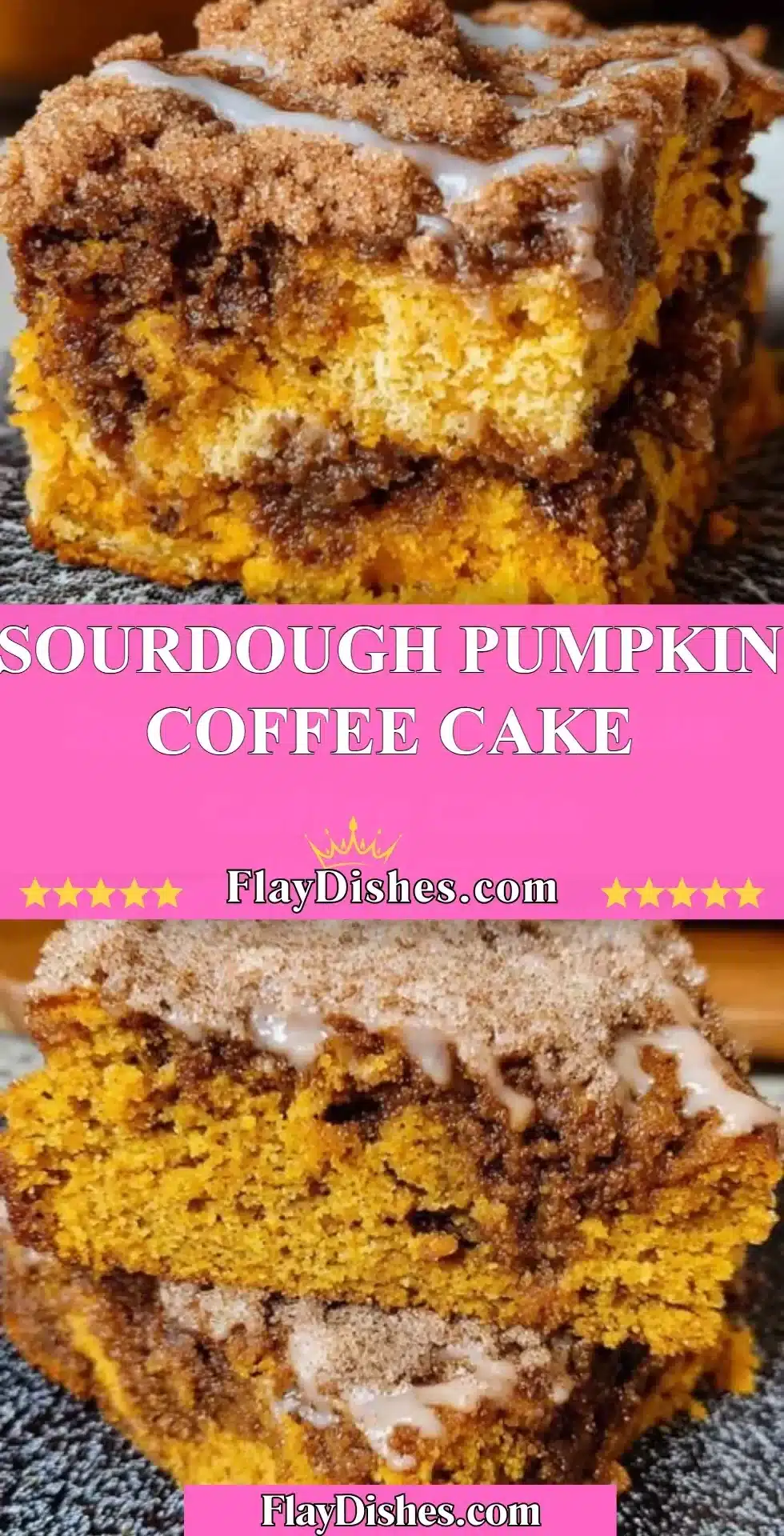 Slice of sourdough pumpkin coffee cake with coffee cup