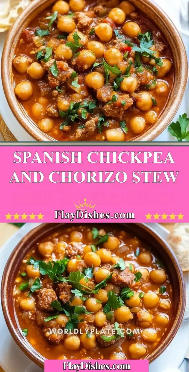 Delicious bowl of Spanish chickpea and chorizo stew garnished with herbs