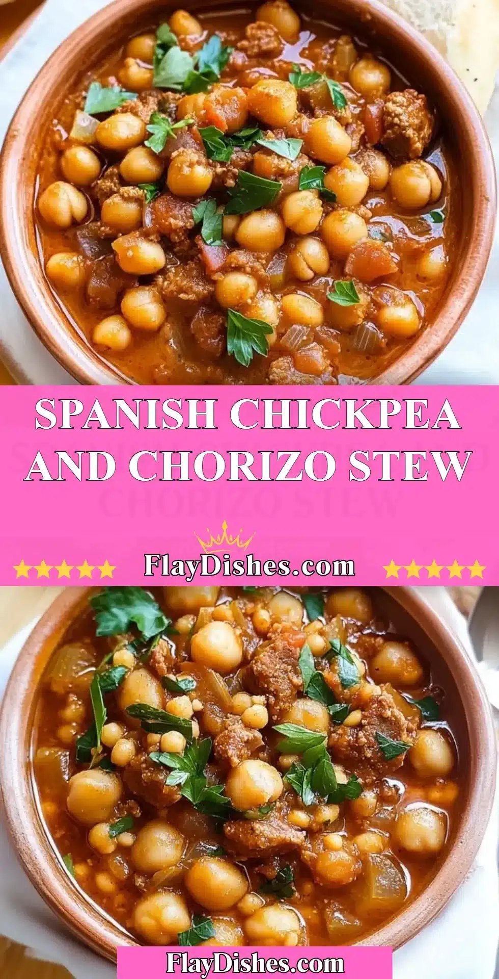 Delicious Spanish chickpea chorizo stew in a bowl garnished with herbs.
