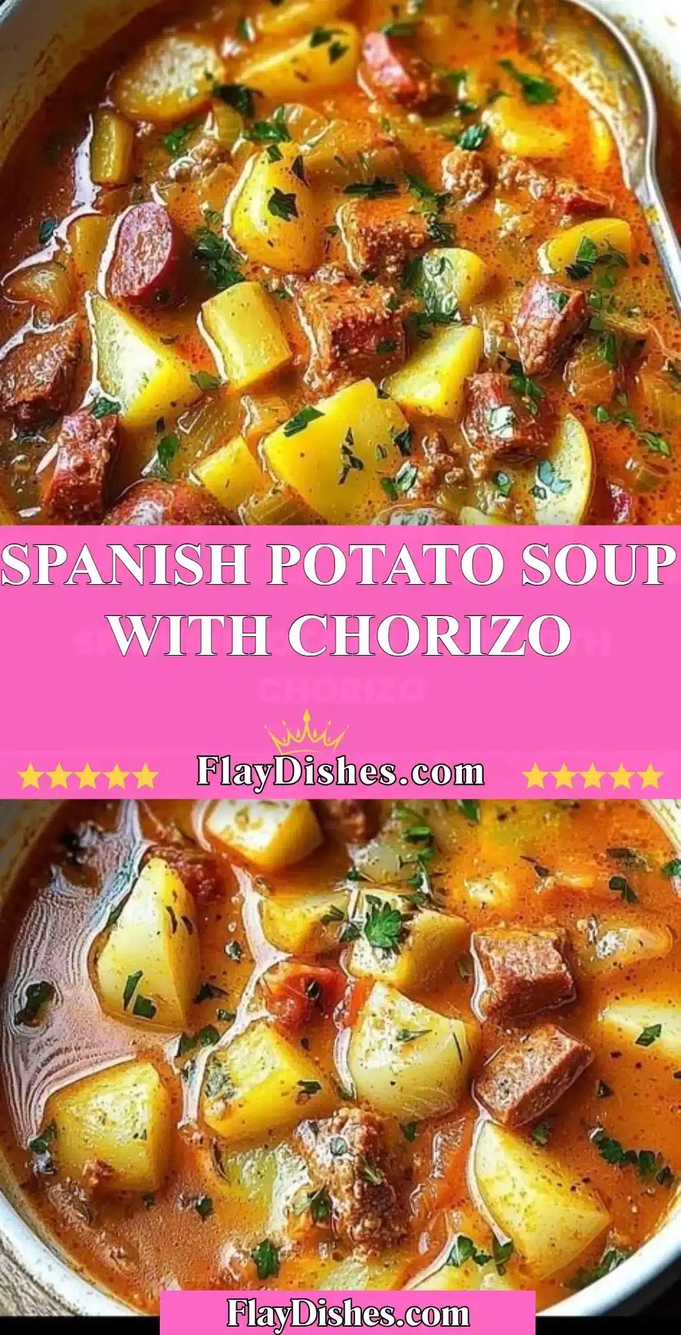 A bowl of Spanish potato soup with chorizo, garnished with herbs.