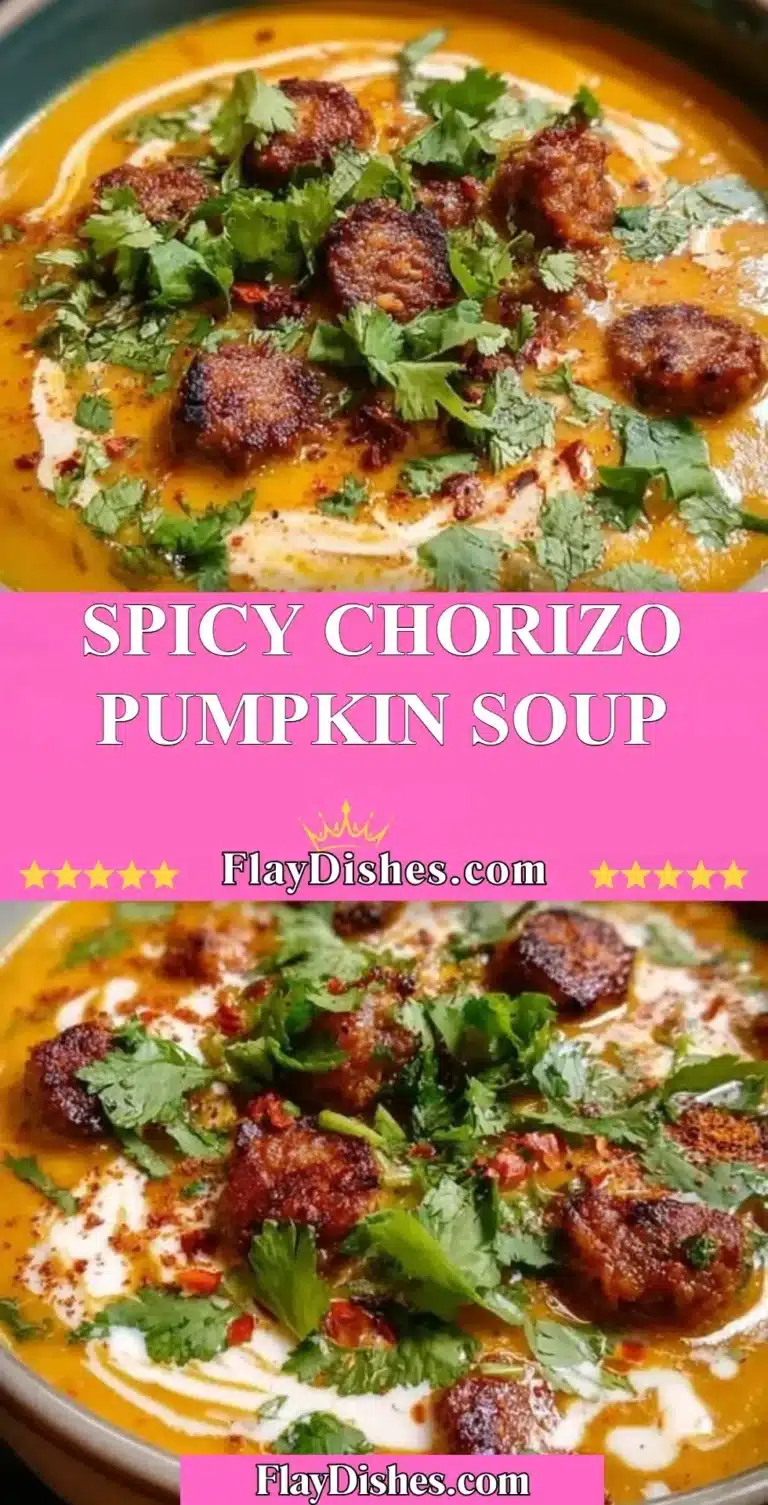 Bowl of spicy chorizo pumpkin soup garnished with herbs