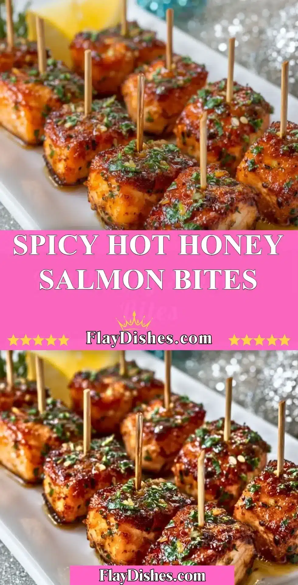 Spicy hot honey salmon bites on a platter garnished with herbs