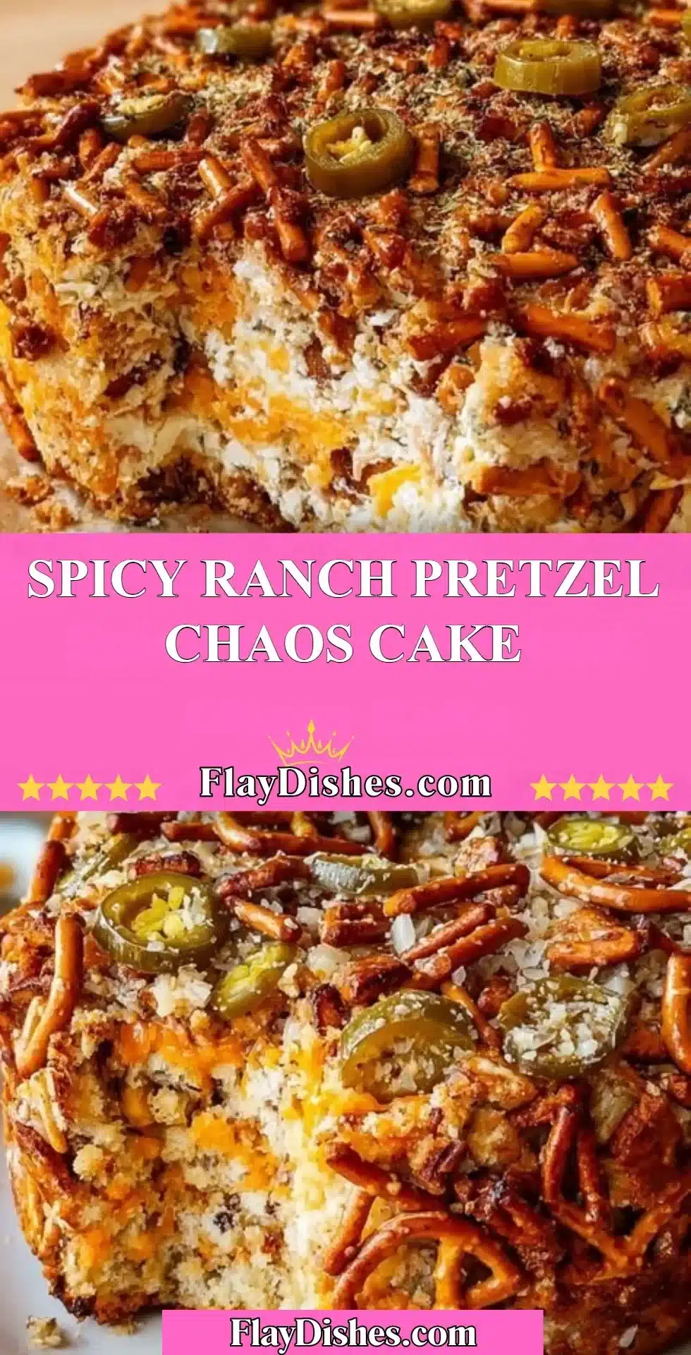 Delicious Spicy Ranch Pretzel Chaos Cake topped with crunchy pretzels and spices.