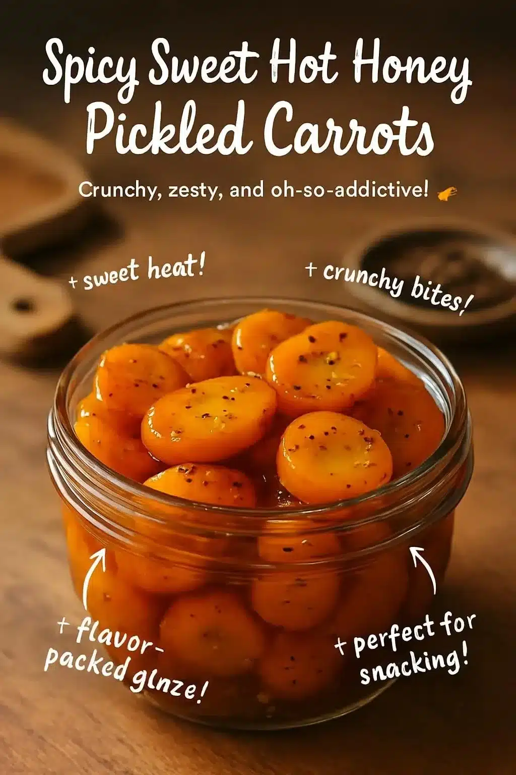 Spicy Sweet Hot Honey Pickled Carrots in a jar with fresh ingredients