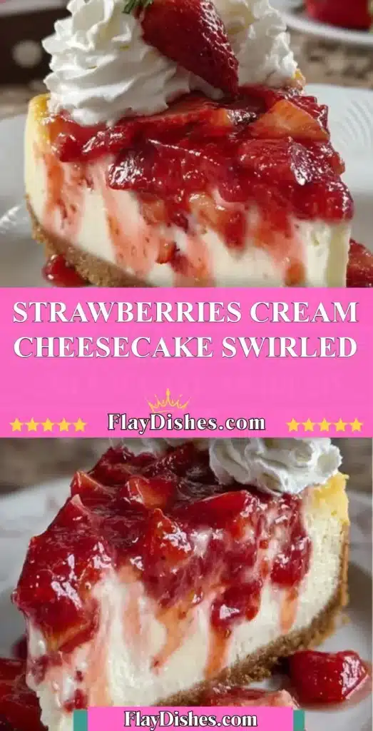 Strawberries cream cheesecake swirled with fresh strawberries and creamy filling.