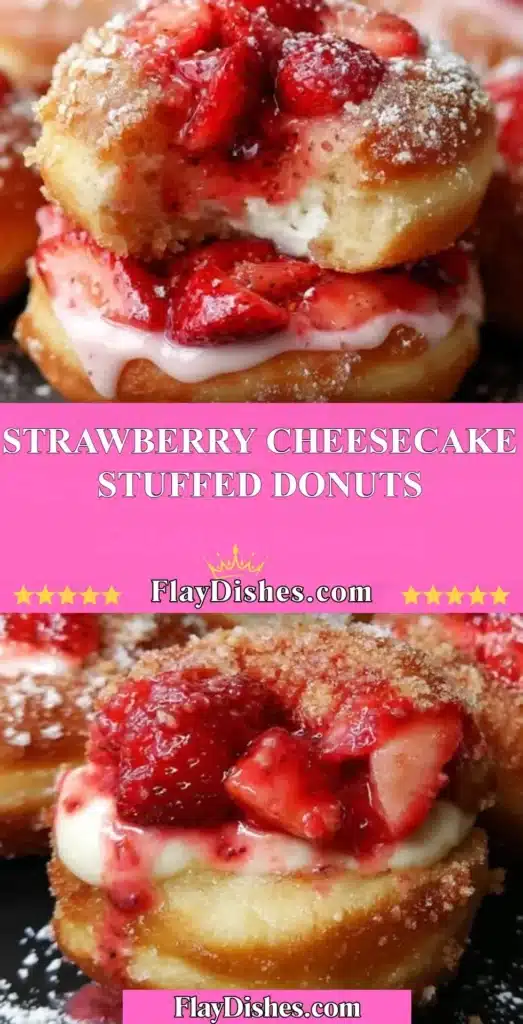 Strawberry cheesecake stuffed donuts topped with fresh strawberries and cream.
