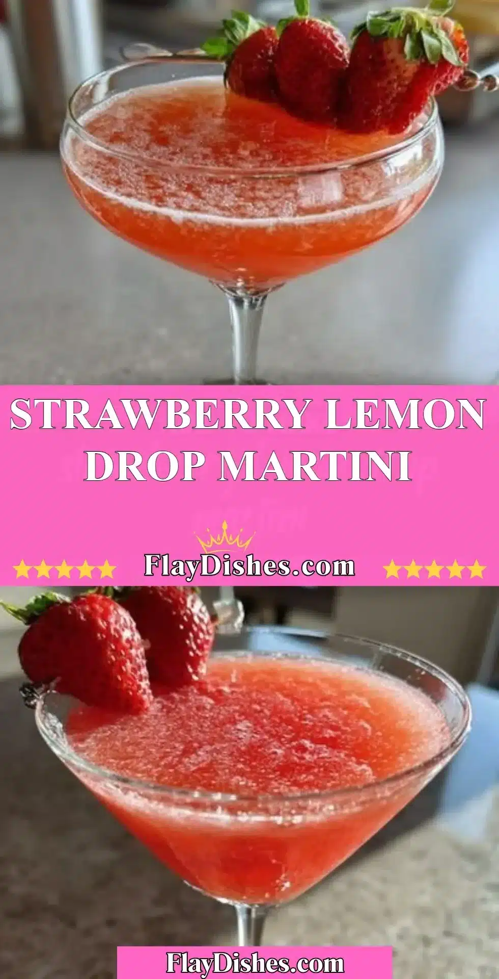 Strawberry Lemon Drop Martini garnished with a lemon slice and fresh strawberries