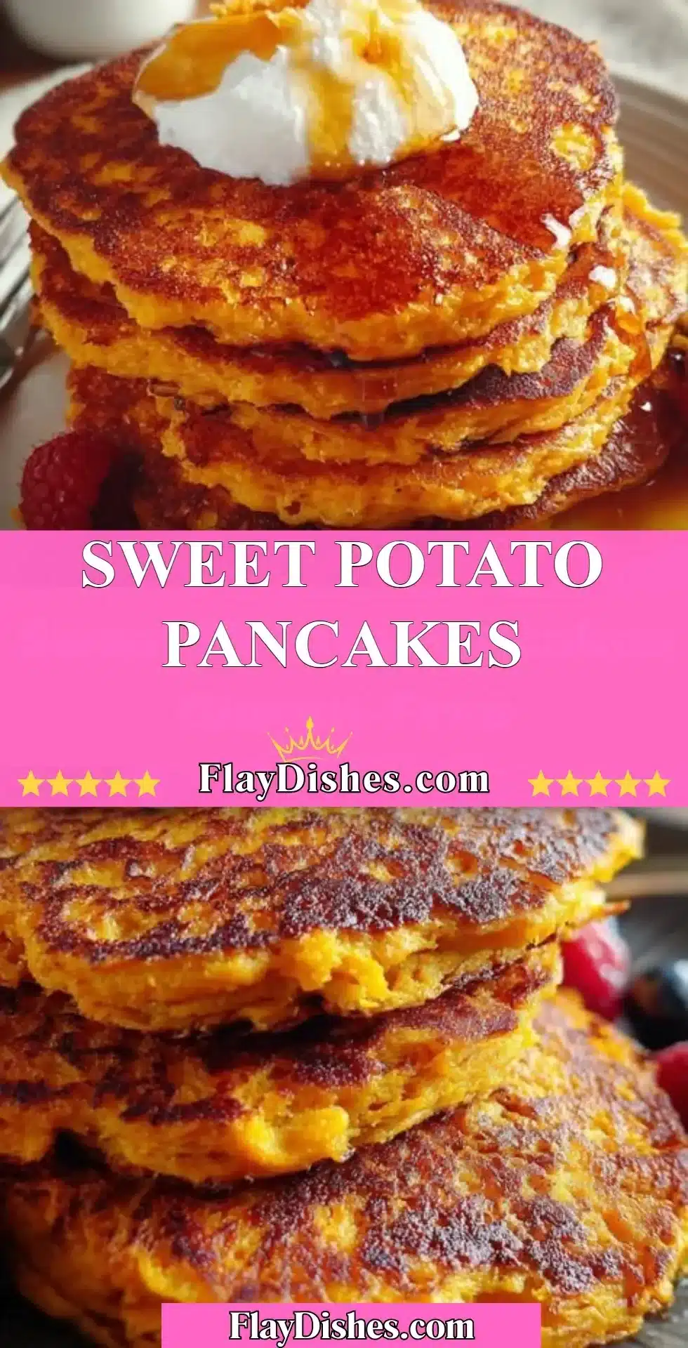 Delicious stack of sweet potato pancakes topped with syrup and butter