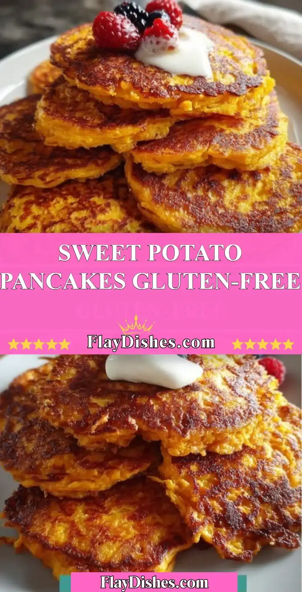 Gluten-free sweet potato pancakes served with syrup and fresh fruit